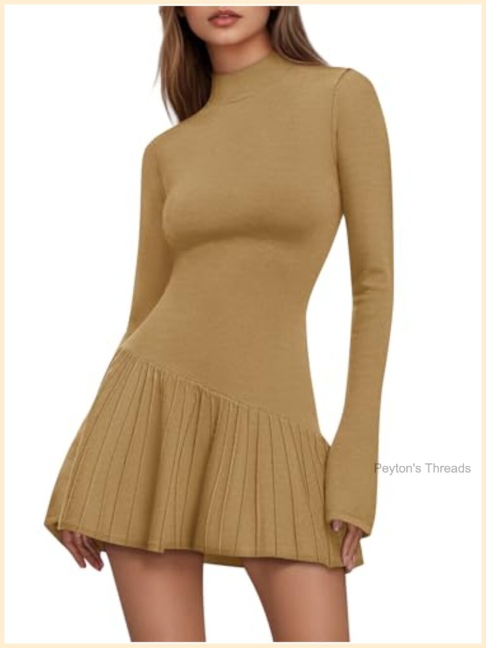 Womens Sweater Dress Mock Neck Pleated Bell Sleeve Ribbed Knit Mini